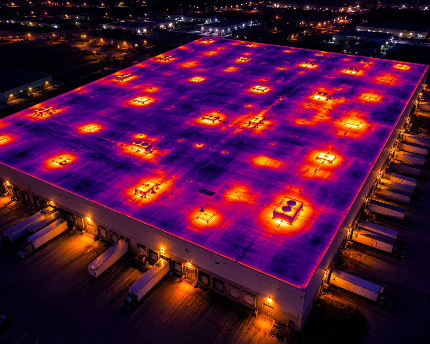 Drone infrared scan of commercial warehouse rooftop showing thermal heat patterns