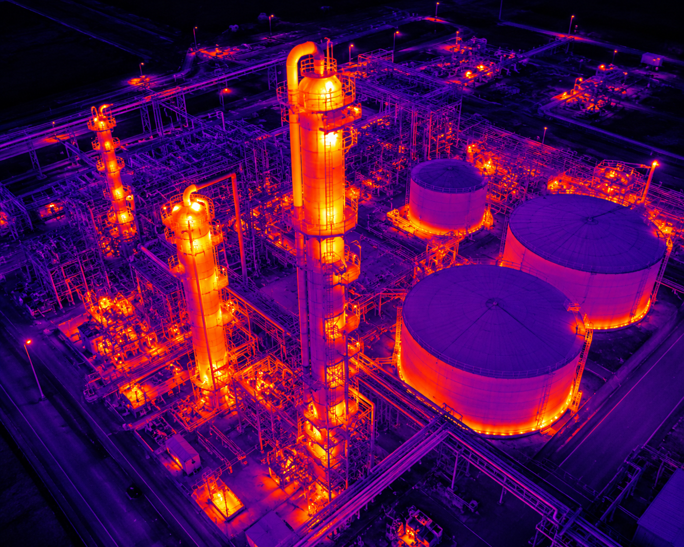Infrared drone inspection of industrial refinery tanks and processing equipment at night