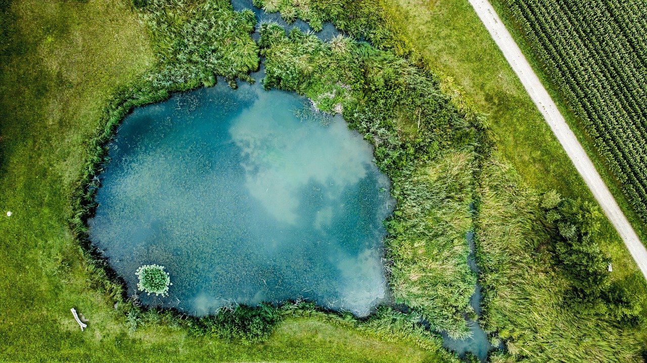Aerial landscape view showing lake and surrounding environmental terrain