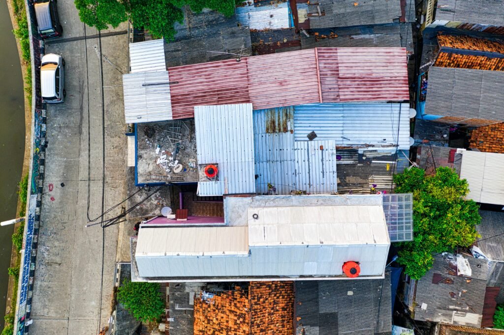 roof inspections Houston aerial drone image of residential rooftops