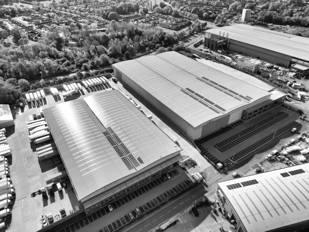 Commercial drone inspection of warehouse and industrial buildings from an aerial perspective