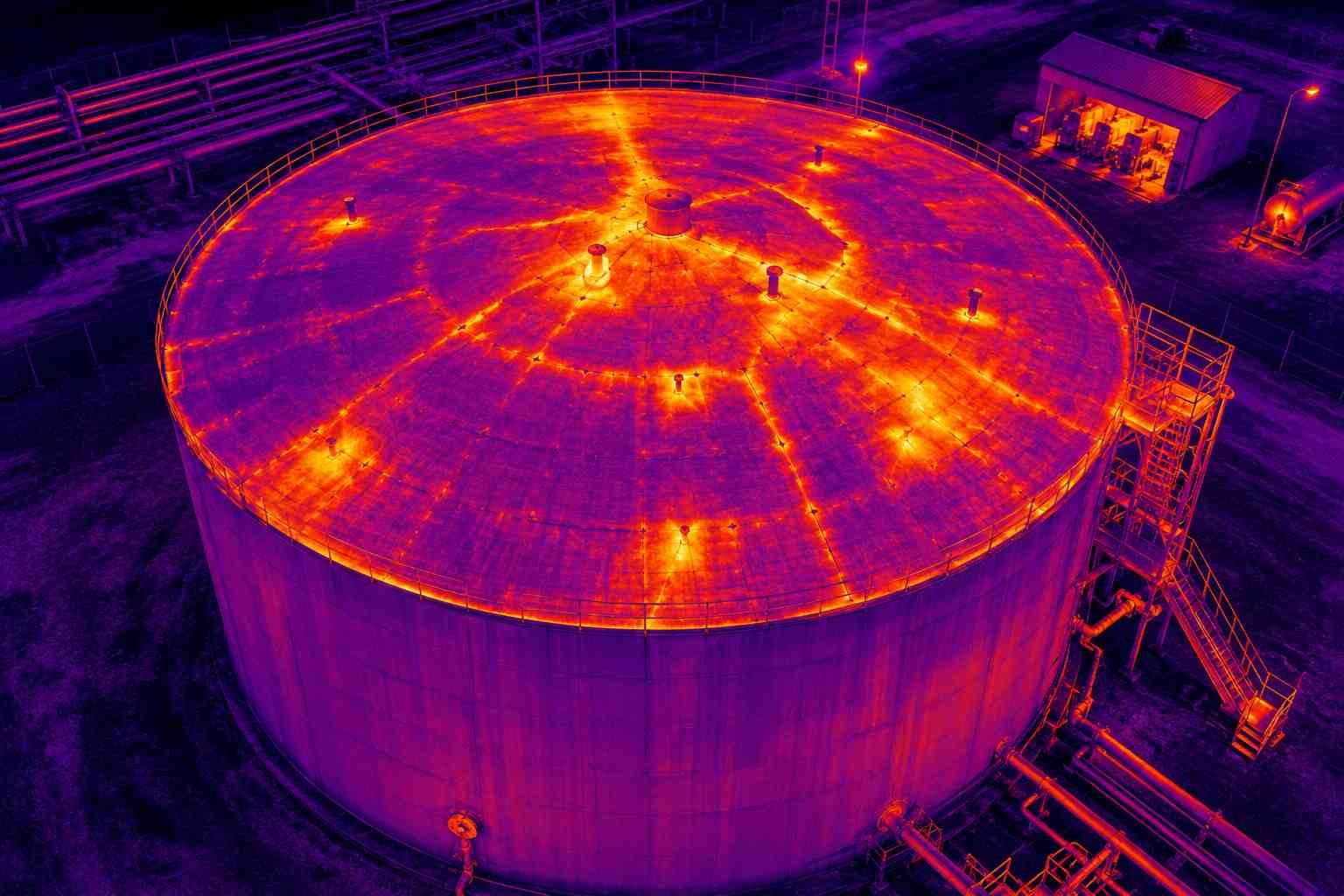 Aerial thermal imaging services in Houston showing heat signature of an industrial storage tank