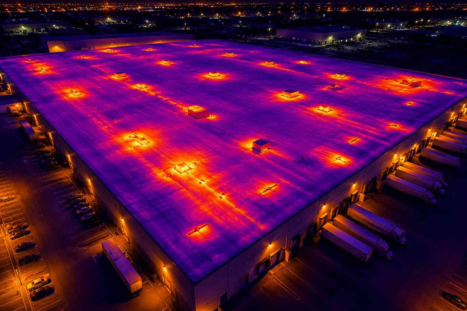 Thermal imaging services in Houston detecting heat loss on a commercial warehouse flat roof