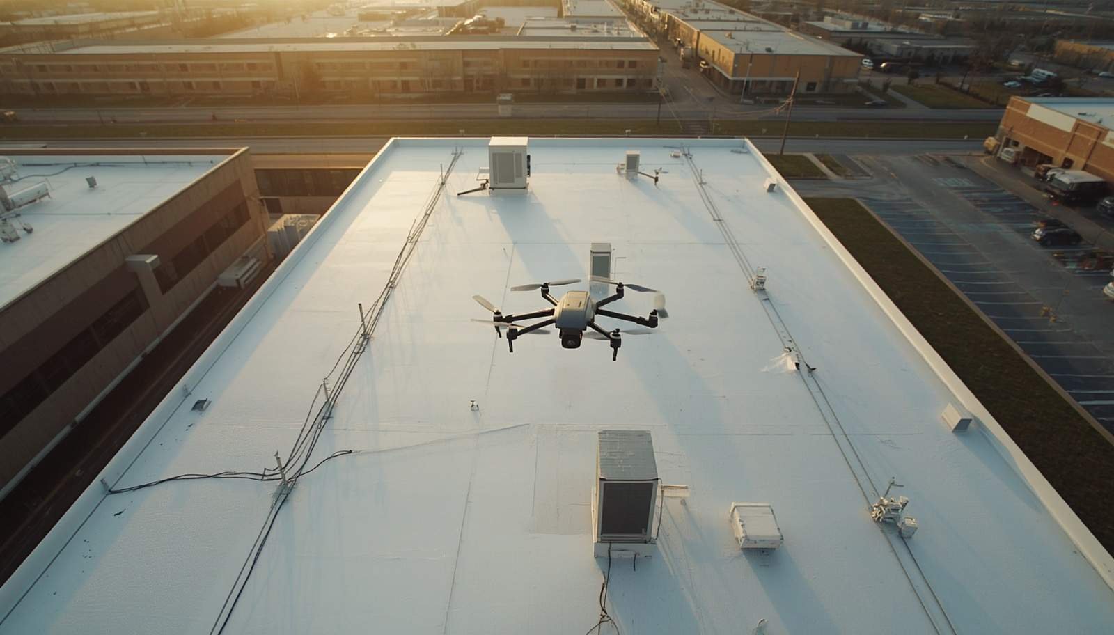 Drone landed on a Houston commercial flat roof during a drone roof inspection cost assessment