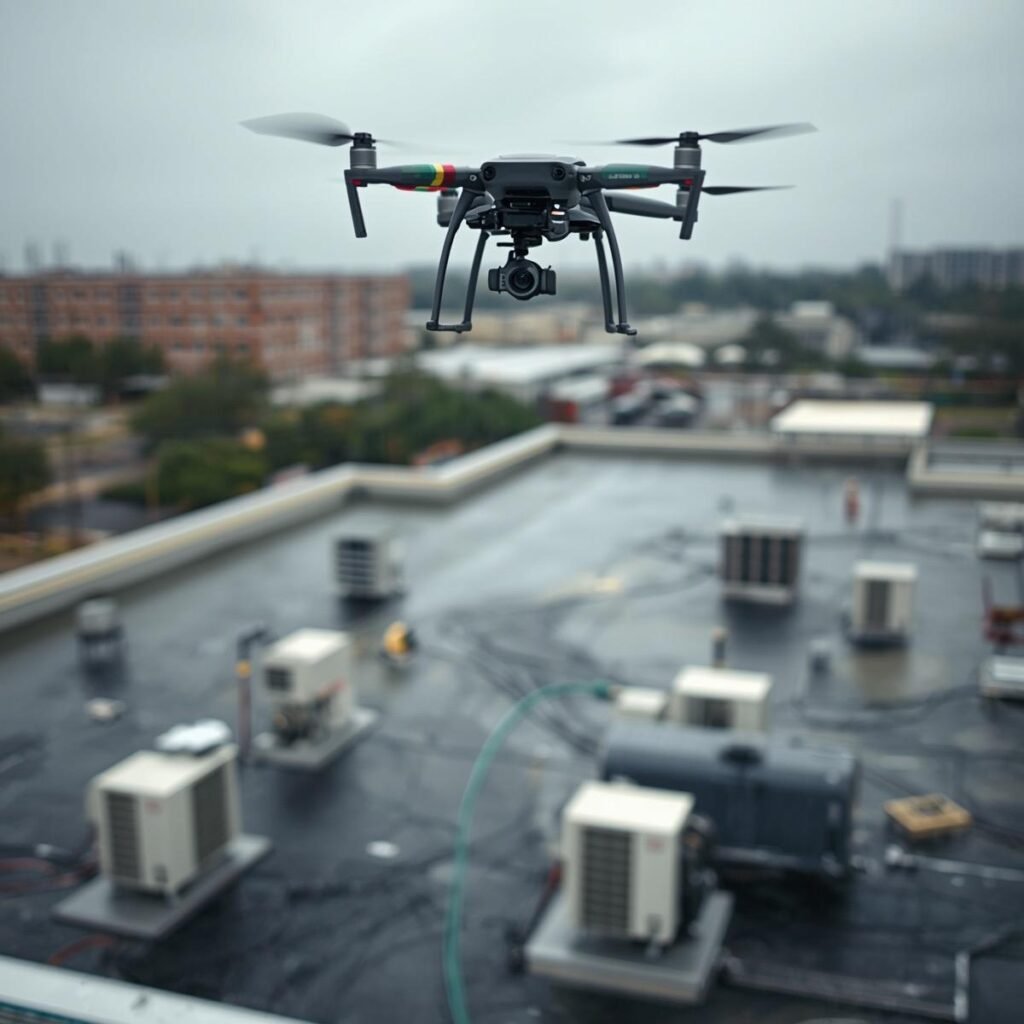 drone capturing aerial roof imagery during a storm damage assessment in Houston