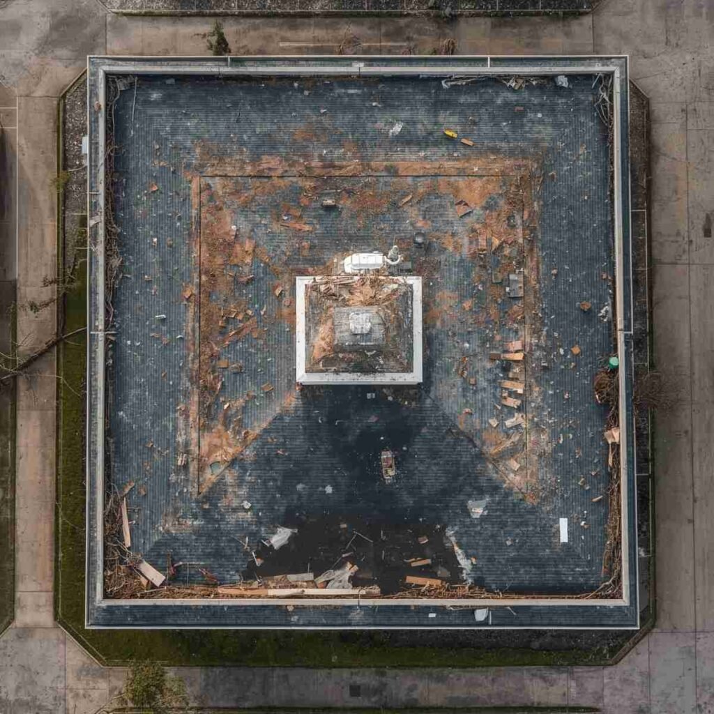 drone storm damage assessment of a weathered commercial rooftop skylight in Houston