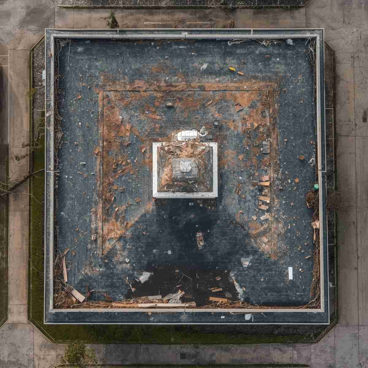 drone storm damage assessment of a weathered commercial rooftop skylight in Houston