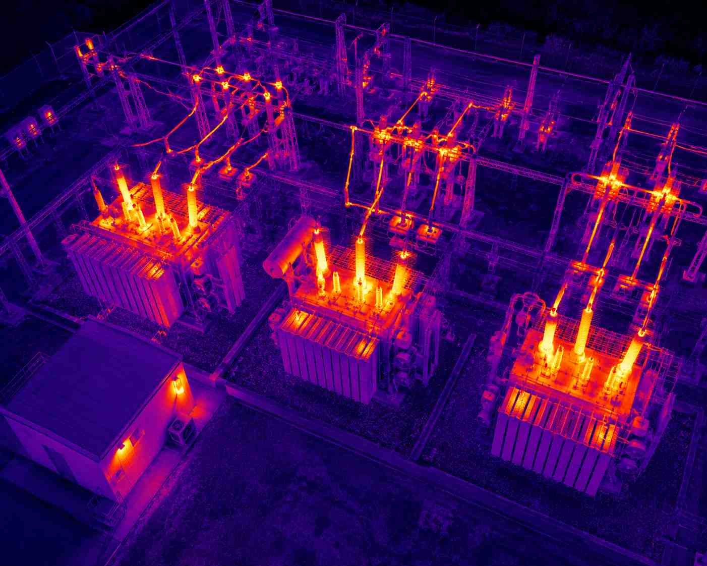 Houston thermal imaging services identifying hot spots on high-voltage transformers during a drone inspection