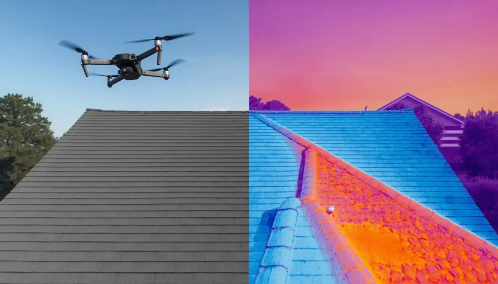 Thermal drone roof inspection of a Houston home showing infrared heat scan