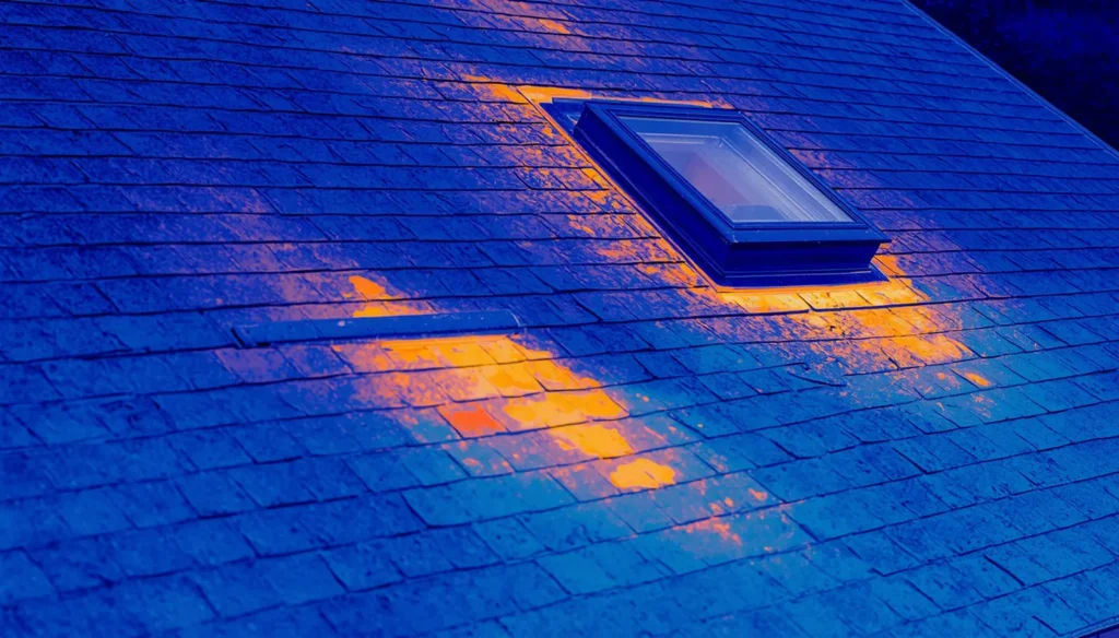 Infrared roof scan showing thermal anomalies near a skylight during a Houston roof inspection
