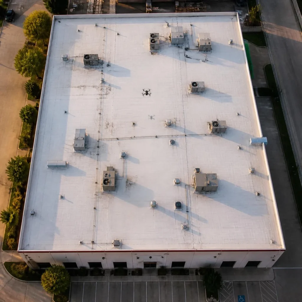 commercial roof inspection Houston drone flying over flat warehouse roof