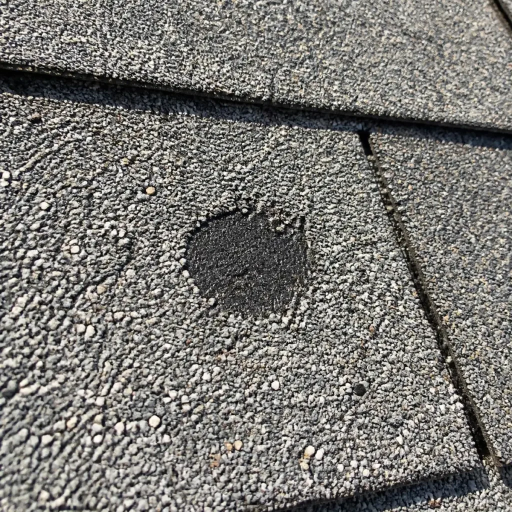 Close-up of hail bruising and granule loss on an asphalt shingle found during a roof inspection