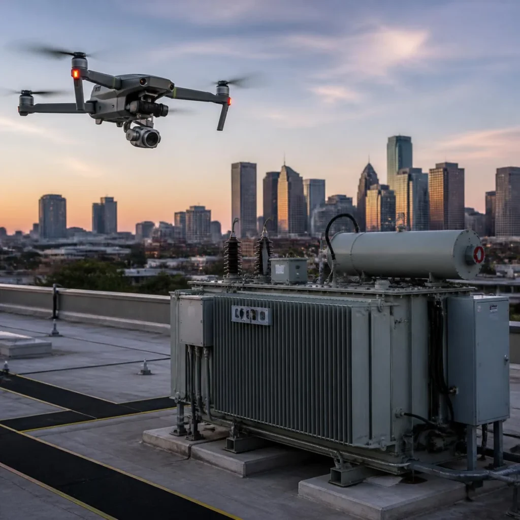 Commercial drone conducting infrared thermal inspection of rooftop electrical transformer equipment