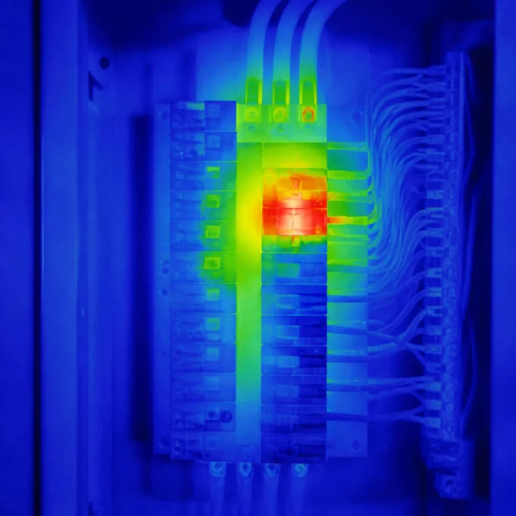 Thermal image showing an overheating breaker connection inside an electrical panel during an infrared electrical inspection