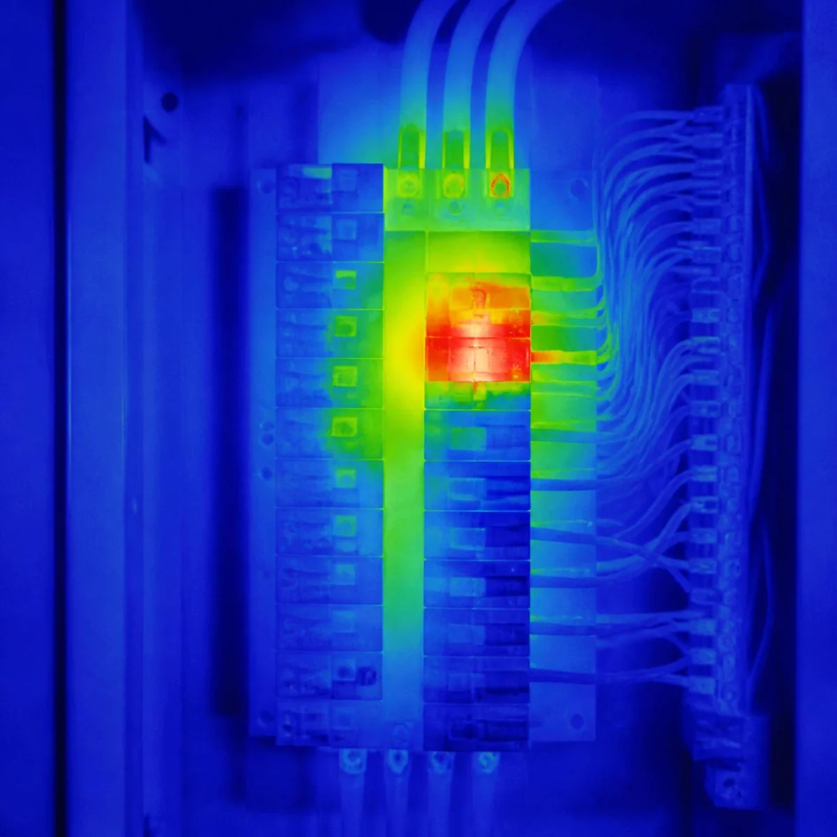 Thermal image showing an overheating breaker connection inside an electrical panel during an infrared electrical inspection