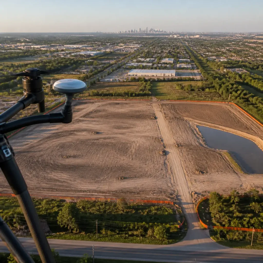 Drone survey cost in Houston shown by a quadcopter mapping a flat commercial development site