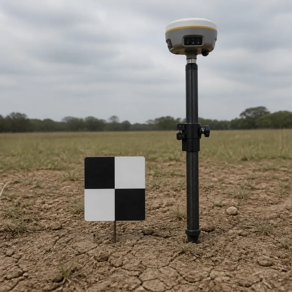 Black and white ground control point target on open ground for a drone topographic survey near Houston